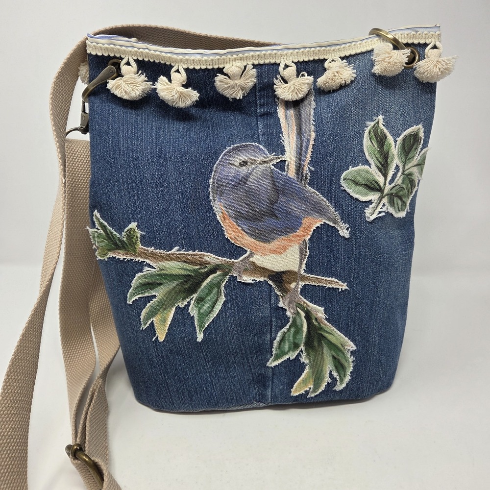 Handcrafted Upcycled Denim Bird Wildlife Tote HandBag Purse Adjustable Crossbody